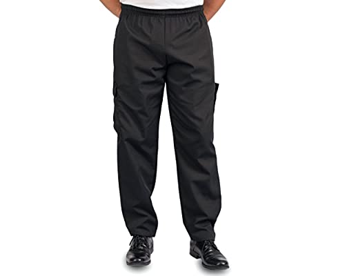 KNG Black Chef Pants for Men and Women - Baggy Black Cargo Pants with Drawstring and Elastic Waist - Food Service Chef Uniform f
