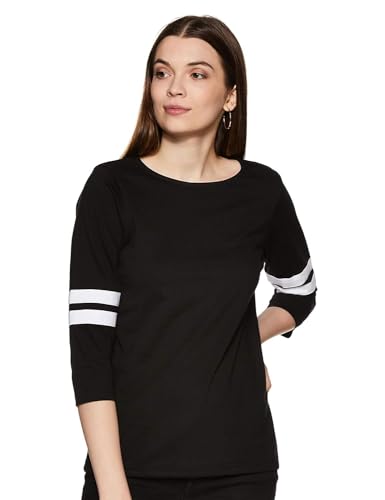 Miss Chase WomenS Black Round Neck 3/4Th Sleeves Solid Regular Basic Top (Mcss17Tp07-96-62-04, Black, Medium)