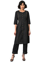 W For Woman Black A-Line Box Pleated Kurta With Straight Pants