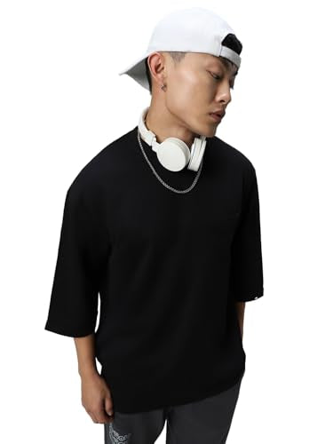 Bewakoof Mens Solid Super Loose Fit T-Shirt_597320_Black_L