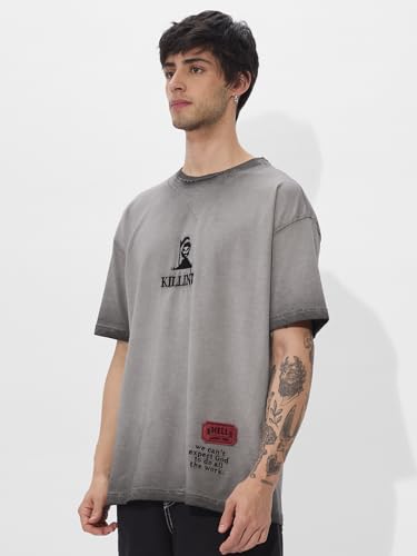 The Souled Store Killin It Men And Boys Short Sleeves Round Neck Grey Embroidered Cotton Oversized T-Shirts