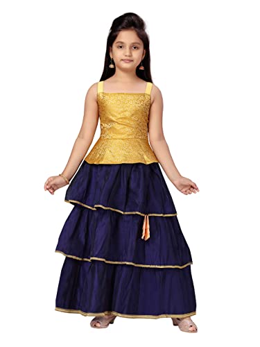 Aarika Girls Silk Lehenga Choli Set (LCH-A-22110_Yellow-Navy Blue_7-8 Years)