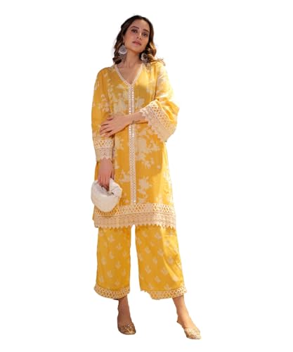 Lookmark Women'S Cotton Blend Kurta And Pant - Suitable For Every Indian Occasion (Az-Lm-Og-Ks2190-M) Yellow