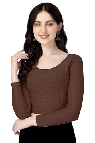 Shiv Textiles Round Neck Dobby Cotton Lycra Stretchable Elbow Sleeve Readymade Saree Blouse for Women Stylish (BrownPluse Size F