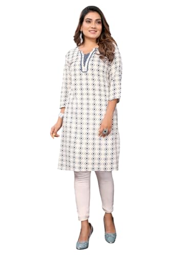 Rangita White Rayon Knee Length Printed Straight Kurti | Kurta For Women_M