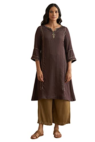 W For Woman Dark Brown Lustrous Satin Gota Kurta