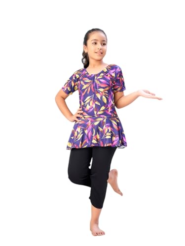 Aarika Girls Sports Wear Purple-Black Colour Floral Print Nylon Swim Suit (5-15 Years)-(Sw-Shm-C-1113)
