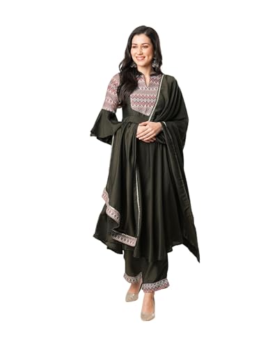 Sanisa Women'S Muslin Digital Printed Anarkali Kurta With Pant And Printed Fabric Lace Work Dupatta (97Kbd1063Nz-L_Dark Olive Gr
