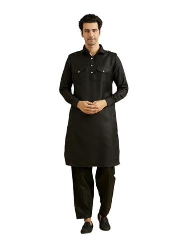 Manyavar MenS Rayon Blend Solid Pathani Kurta Churidar Set (Black,Xxl)