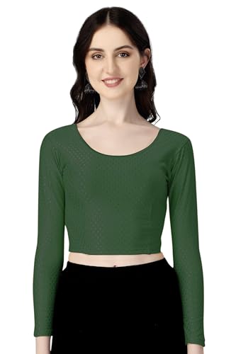 Shiv Textiles Round Neck Dobby Cotton Lycra Stretchable Elbow Sleeve Readymade Saree Blouse For Women Stylish (Greenfree Size Fu