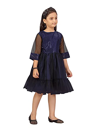 Aarika Girls Net Fit and Flare Knee-Length Dress (JN_FK-21911_Navy Blue