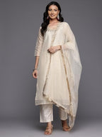 Varanga Women Off White Zari Embroidered And Sequinned Kurta Set With Dupatta