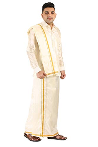 Prakasam Cotton Mens Silk Look Full Sleeve Regular Fit Shirt + Double Layer 8 Mulam Dhoti(Free Size) + Single Towel (Cream, 40)