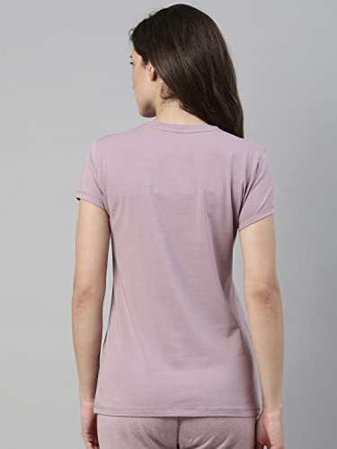 Enamor Essentials Womens Short Sleeve Crew Neck Slim Fit Breathable Stretch Cotton Tee With Graphic - E147(E147-Mauve Pink / Ha