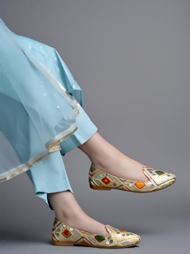 Shoetopai WomenS Golden Ethnic Embroidered Slip-On Belly With Mirror Work  Traditional Multicolor Juttis For Casual & Festive E