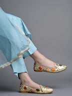 Shoetopai WomenS Golden Ethnic Embroidered Slip-On Belly With Mirror Work  Traditional Multicolor Juttis For Casual & Festive E