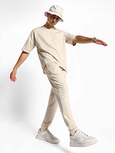 Nobero Men Cotton Blend Solid Sand Oversized Moses - Brown Popcorn Textured Co-Ord Set - Crew-Neck T-Shirt & Joggers Set