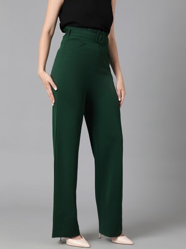 KOTTY Womens High Rise Viscose Rayon Relaxed Fit Korean Trousers Bottle Green
