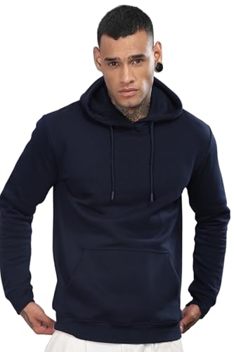 ADRO Men's Cotton Neck Hooded Sweatshirt (H24-M-PLN-NB-M_Navy Blue)