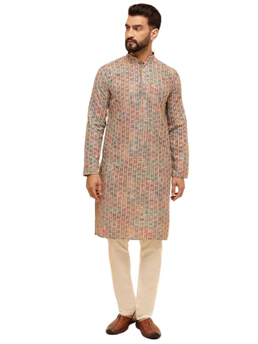 Sojanya (Since 1958 MenS Cotton Silk Gold Thread Floral Embroidered Kurta With White Pyjama