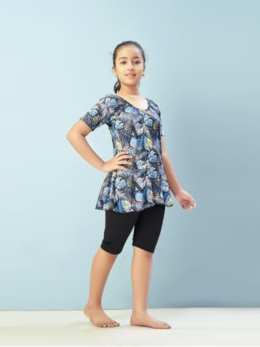 Aarika Girls Sports Wear Firozi-Black Colour Leaf Print Nylon Swim Suit (5-15 Years)-(Sw-Shm-Ca-1121)