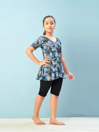 Aarika Girls Sports Wear Firozi-Black Colour Leaf Print Nylon Swim Suit (5-15 Years)-(Sw-Shm-Ca-1121)