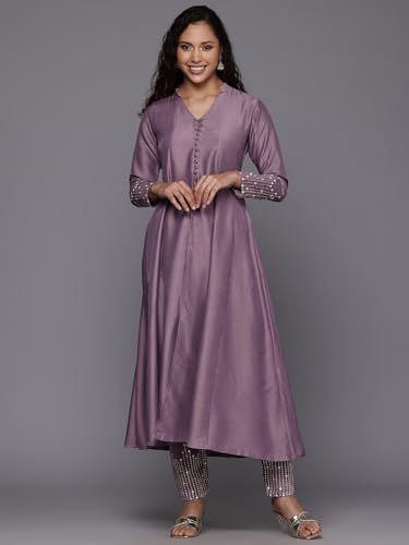 Varanga Women Mauve V Neck Mandarin Collar Kurta With Trouser - Stylish, Comfortable, And Perfect For Casual And Semi-Formal Occasions