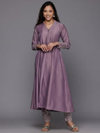 Varanga Women Mauve V Neck Mandarin Collar Kurta With Trouser - Stylish, Comfortable, And Perfect For Casual And Semi-Formal Occasions