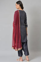 W For Woman Grey Solid Shantung Kurta With Salwar & Dupatta