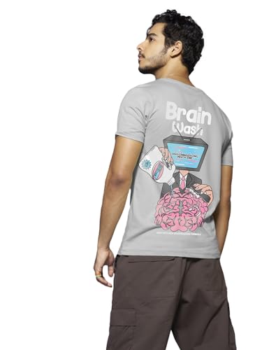 Bewakoof MenS Brain Wash Graphic Printed 100% Cotton T-Shirt - Regular Fit, Round Neck, Half Sleeves_591440_Grey_L