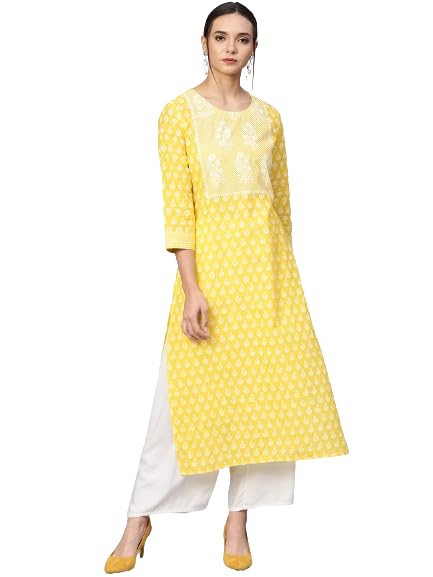 Varanga Women'S Cotton Solid Regular Kurta Yellow