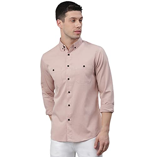 Dennis Lingo MenS Cotton Full Sleeves Solid Slim Fit Cotton Casual Shirt (Peach, M)