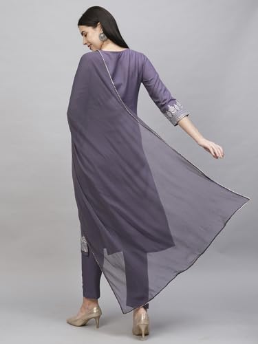 ANNI DESIGNER Womens Cotton Blend Straight Printed Kurta with Pant & Dupatta (Rowan Purple_XL_Purple_X-Large)