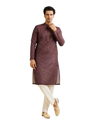 Manyavar MenS Cotton Blend Scallop Patterned Kurta Set (Purple,L)
