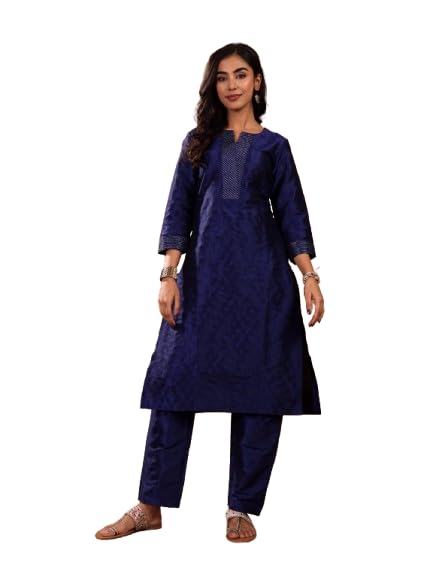 Varanga Women'S Navy Blue Ethnic Kurta Set - Straight Fit Dobby Textured Kurta With Zari Couching, Calf-Length Trouser & Floral 