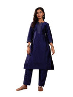 Varanga Women'S Navy Blue Ethnic Kurta Set - Straight Fit Dobby Textured Kurta With Zari Couching, Calf-Length Trouser & Floral 