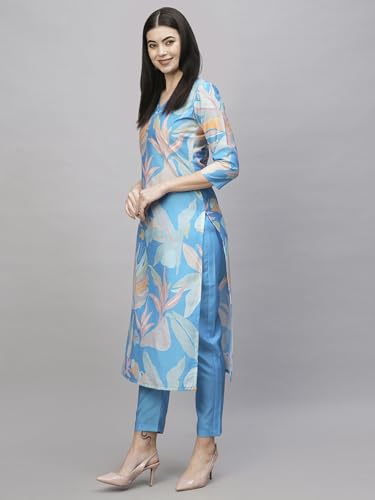 ANNI DESIGNER Womens Cotton Blend Straight Printed Kurta with Pant (Jonaki Blue_S_Blue_Small)