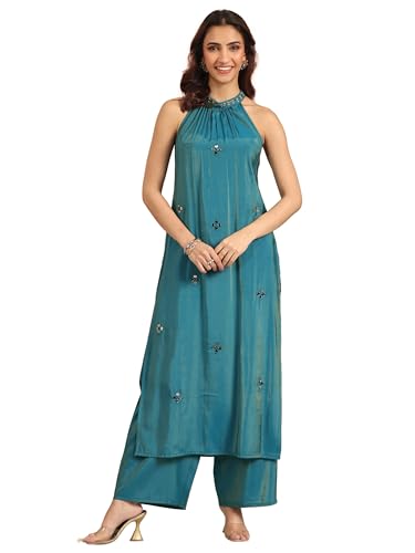 Libas Womens Embellished Silk Blend Straight Kurta With Palazzos