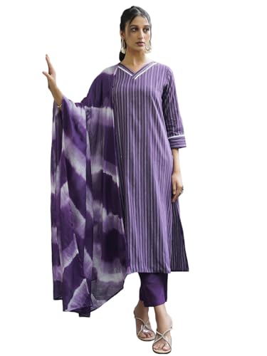 Sanisa Women'S Cotton Sequence Work & Woven Straight Kurta With Pant And Dupatta Set (214Kbd2263Nr-S_Purple & White)