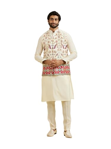 Manyavar MenS Art Silk Zari Embroidered & Sequinned Kurta Jacket Pant Set(Beige,Xxl)