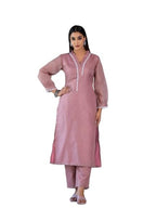 Varanga Women Mauve Kota Check V-Neck, Long Sleeve Straight Kurta, Paired With Tonal Bottom.