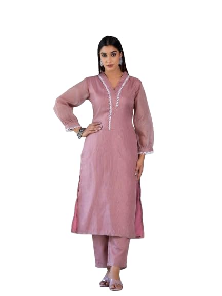 Varanga Women Mauve Kota Check V-Neck, Long Sleeve Straight Kurta, Paired With Tonal Bottom.