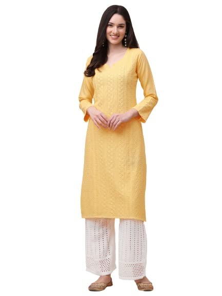 Gufrina WomenS Viscose Rayon Kurta & Palazzo Set With Notch Neck Chikankari Embroidery Work 3/4Th Sleeves Regular Fit And Calf 