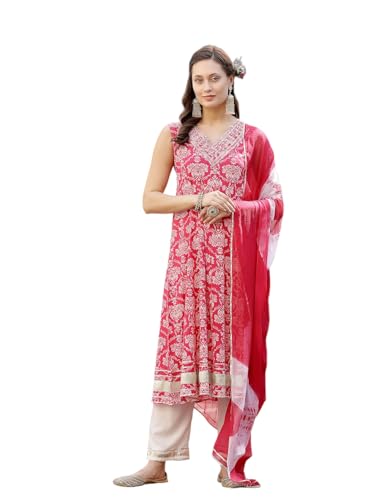 Stylum Womens Printed & Embroidered Cotton Anarkali Kurta Pant Dupatta Set