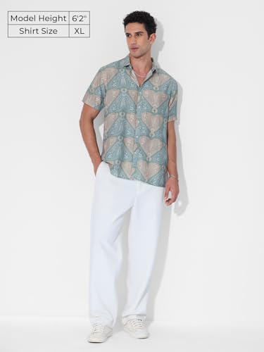 The Souled Store Holiday Shirt: Indie Men and Boys Short Sleeves Collared Neck Button Front Blue All Over Printed Cotton Blend R
