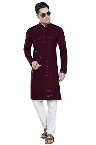Divisive MenS Sequince Embroidered Cotton Blend Only Kurta (Dkrt4_L_Burgundy)
