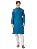 Manyavar MenS Cotton Solid Full Sleeves Knee Length Kurta Set (Blue, S)