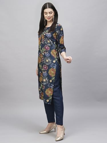 ANNI DESIGNER Womens Cotton Blend Straight Printed Kurta with Pant (Paajas Blue_S_Blue_Small)