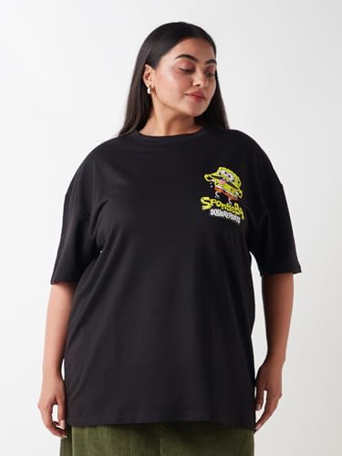 Bewakoof Heavy Duty 1.0 Official Spongebob Merchandise Womens Graphic Print Oversized Fit Half Sleeve Round Neck CottonPoly Plu