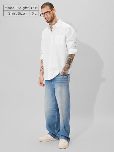 The Souled Store Solids: Pearl White Men And Boys Collared Neck Long Sleeve Button Front Regular Fit Cotton Linen Shirts Solid S